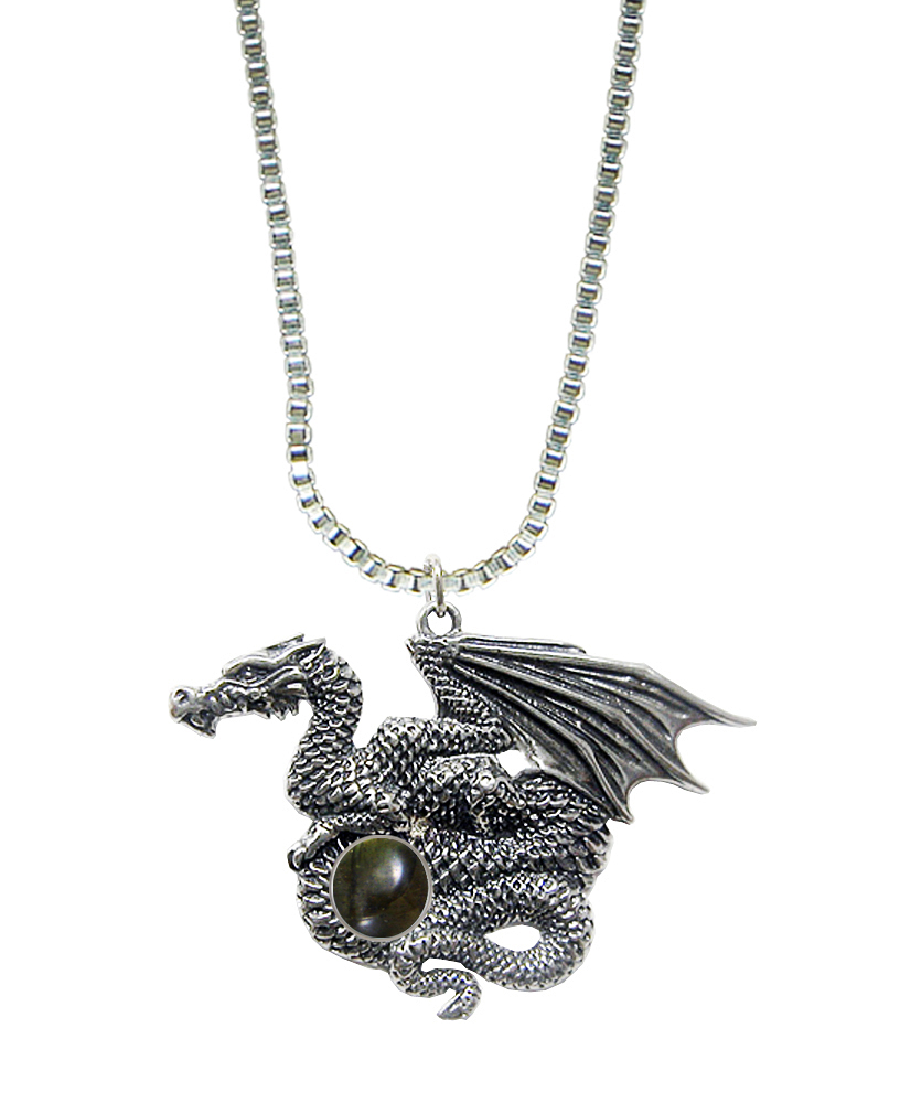 Sterling Silver Dragon of Many Treasures Pendant With Spectrolite
